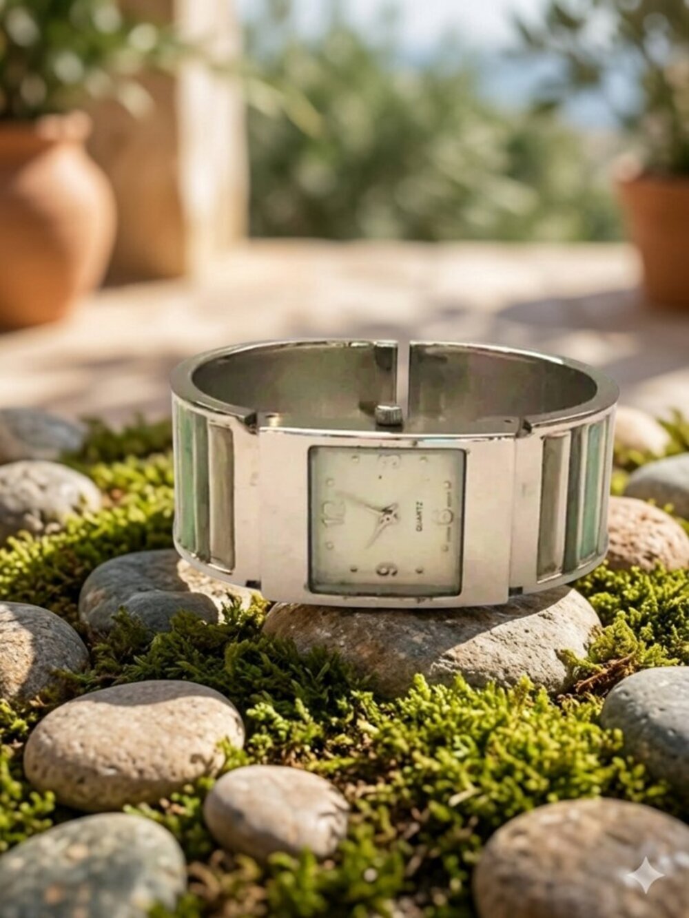 Mediterranean Enamel Cuff Bracelet Watch Sage Green Silver Tone Sculptural Boho